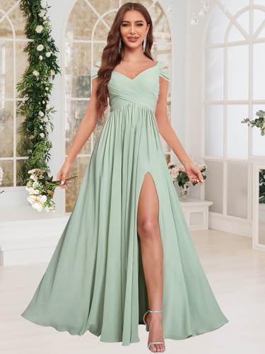 Off The Shoulder Bridesmaid Dresses for Women Long Slit Chiffon Pleated Formal Wedding Guest Dress with Pockets