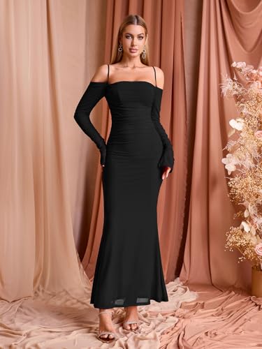 Women's Fall Wedding Guest Dresses Long Sleeve Spaghetti Strap Mesh Ruched Bodycon Maxi Formal Dress
