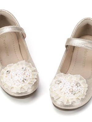 Hehainom Toddler Flower Girl Dress Shoes Rhinstones Pearls Mary Jane Ballet Flats Wedding Party Toddler Little Kid Princess