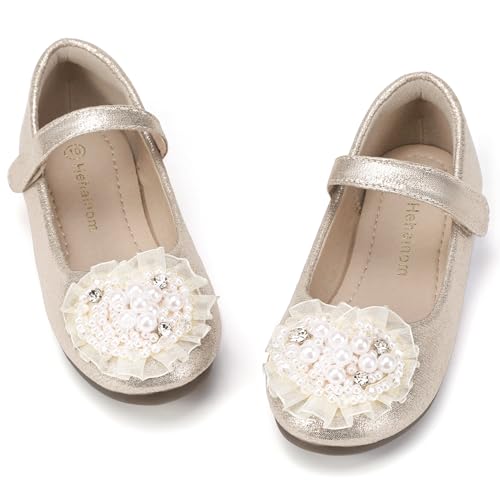 Hehainom Toddler Flower Girl Dress Shoes Rhinstones Pearls Mary Jane Ballet Flats Wedding Party Toddler Little Kid Princess