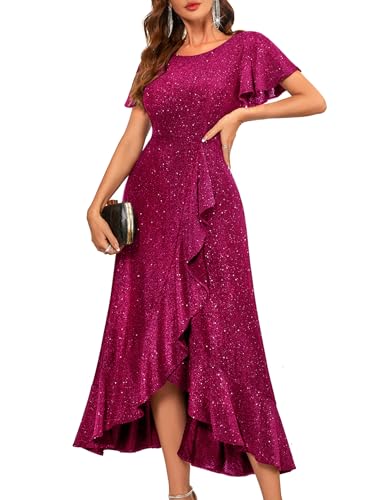 Women Sequin Formal Party Dress Flutter Short Sleeve Wedding Cocktail Long Evening Dress
