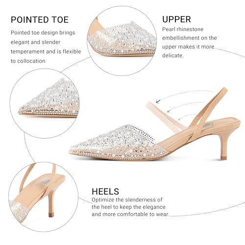 Clear Slingback Heels for Women,Pearl Kitten Heels Sparkly Rhinestone Sandals Pointy Toe Wedding Dress Shoes