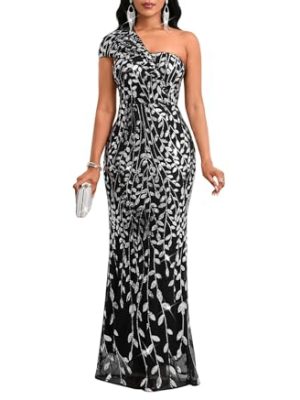 Women Sexy Sequin One Shoulder Mermaid Formal Party Cocktail Gowns Bodycon Evening Maxi Dress
