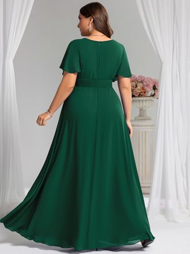 Women's Round Neck A Line Pleated Chiffon Short Sleeves Plus Size Formal Gowns Bridesmaid Dresses