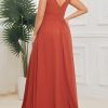 Women's V Neck Sleeveless Side Slit Pleated Plus Size Summer Floor Length Formal Dresses Bridesmaid Gowns