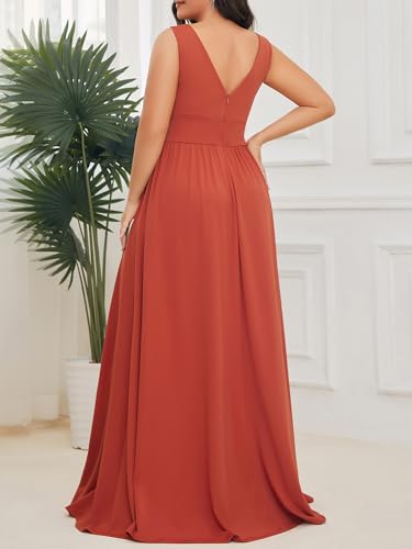Women's V Neck Sleeveless Side Slit Pleated Plus Size Summer Floor Length Formal Dresses Bridesmaid Gowns