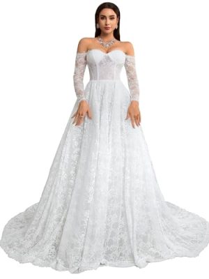 Women's Elegant Off-Shoulder Wedding Dress with French Lace Long Sleeves Floor-Length A-Line Bridal Gown for Engagement