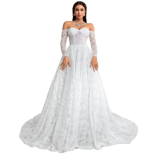 Women's Elegant Off-Shoulder Wedding Dress with French Lace Long Sleeves Floor-Length A-Line Bridal Gown for Engagement