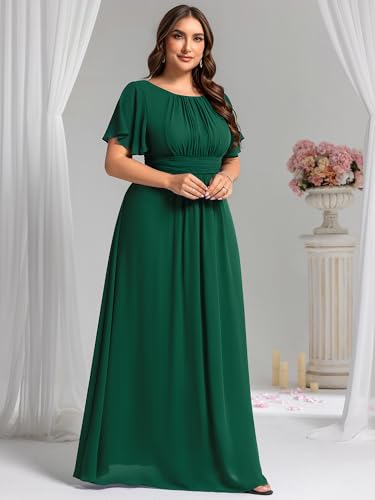 Women's Round Neck A Line Pleated Chiffon Short Sleeves Plus Size Formal Gowns Bridesmaid Dresses