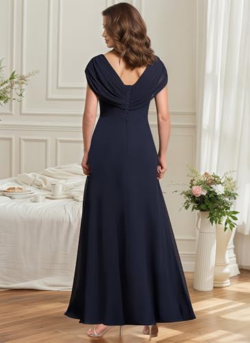 Chiffon Mother of The Bride Dresses A Line Cap Sleeves Evening Gown V Neck Formal Dress for Wedding HS095
