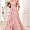 Off The Shoulder Bridesmaid Dresses for Women Long Chiffon Pleated Formal Evening Dress with Pockets