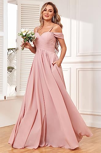 Off The Shoulder Bridesmaid Dresses for Women Long Chiffon Pleated Formal Evening Dress with Pockets