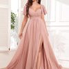 Chiffon Bridesmaid Dresses for Women Flutter Sleeve Pleated V Neck Long Formal Evening Gowns with Slit