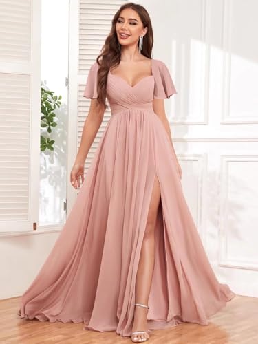 Chiffon Bridesmaid Dresses for Women Flutter Sleeve Pleated V Neck Long Formal Evening Gowns with Slit
