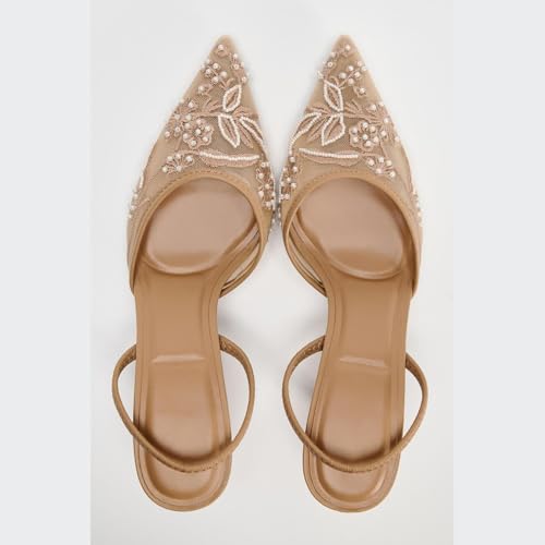Women's Mesh Floral Embroidered Slingback Heels with Pearl Studded Pointed Toe Lace Heeled Sandals Backless Slip On Kitten Heel