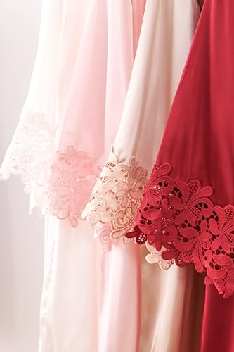 Women Lace Trim Robe Short Kimono Gown Silky Bathrobe for Bride Bridesmaid Nightgown