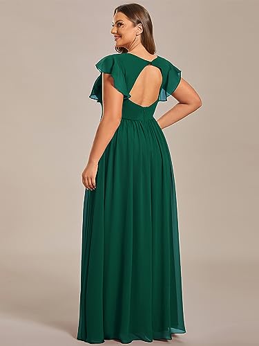Women's Summer Chiffon Ruffles Sleeve Pleated Back Cutout Plus Size Bridesmaid Dresses Formal Gowns