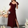 Womens Long Semi Formal Cocktail Dresses Square Neck Split Elegant Evening Party Gowns Ruffle Wedding Guest Dress