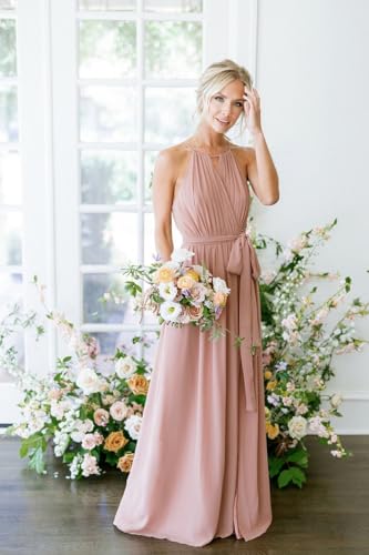 Women's Halter Chiffon Bridesmaid Dresses Long Simple A-Line Evening Formal Dresses with Belt CYM032