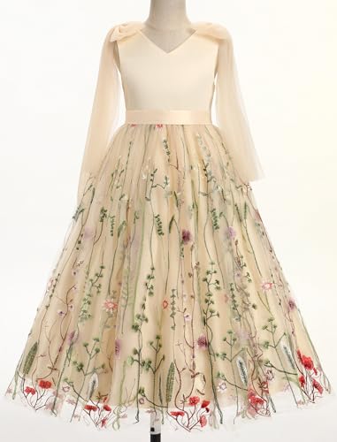 Flower Girl Maxi Dress Wedding Formal Bridesmaid Floral Embroidered Tulle Skirt Princess Pageant First Communion Gown