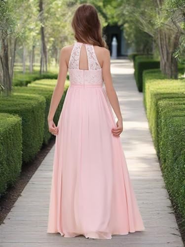 Chiffon Junior Bridesmaid Dress for Wedding Lace Applique Halter Sleeveless A-Line Long Formal Flower Girl Dress