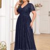Plus Size Maxi Formal Dress Sparkly V-Neck A-line Ruffle Sleeves Evening Gown Cocktail Prom Lace