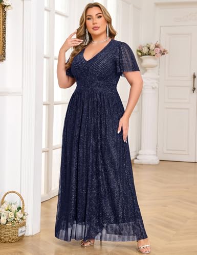 Plus Size Maxi Formal Dress Sparkly V-Neck A-line Ruffle Sleeves Evening Gown Cocktail Prom Lace