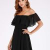 Women's Elegant Off The Shoulder Side Split High Waist Flowy Chiffon Maxi Bridesmaid Dress 00968
