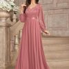 Women's Wedding Guest A-Line Dress Floral Lace Deep V Neck Long Sleeve Formal Evening Gown