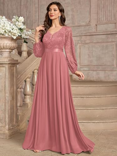 Women's Wedding Guest A-Line Dress Floral Lace Deep V Neck Long Sleeve Formal Evening Gown
