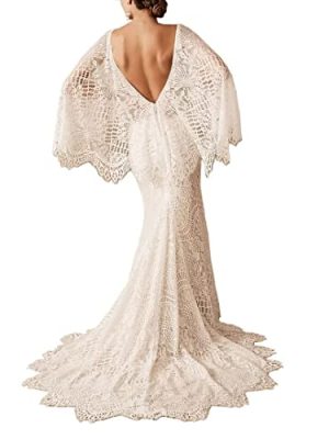 Boho Wedding Dresses for Bride Lace Mermaid Bridal Dress V Neck Cape Sleeve Beach Bohemian Vintage Wedding Gown