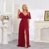 Women's Flutter Sleeves Chiffon Bridesmaid Dresses with Slit Long A Line V-Neck Formal Party Dress with Pockets