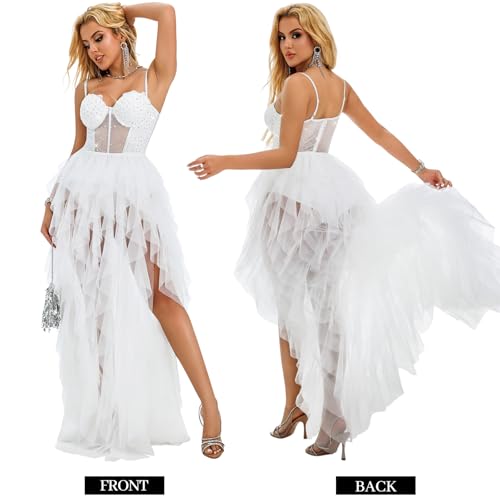 Tulle Prom Dresses for Women, Glitter Lace A Line High-Low Ruffled,Corset Party White Tulle Gown with Slit