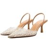 Pearl Kitten Heels for Women Pointed Toe Mesh Rhinestone Heeled Sandals Clear PVC Stiletto Mid Heel for Wedding Party Dress