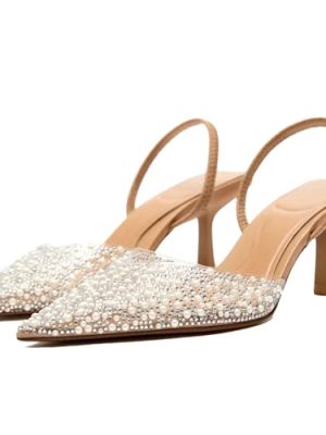 Pearl Kitten Heels for Women Pointed Toe Mesh Rhinestone Heeled Sandals Clear PVC Stiletto Mid Heel for Wedding Party Dress