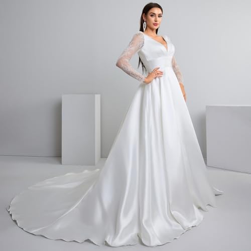 V-Neck A-Line Wedding Dress with Long Lace Sleeves Bodice & Chiffon/Satin Elegant Boho Bridal Gown for Church Ceremony