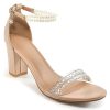 Womens Sandals High Heels Open Toe Rhinestone Pearl Block Chunky Heeled Ankle Strap Dressy Sexy Shoes for Wedding Party