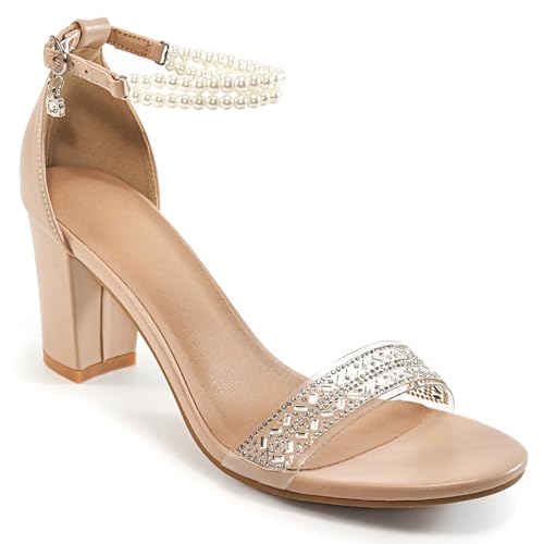 Womens Sandals High Heels Open Toe Rhinestone Pearl Block Chunky Heeled Ankle Strap Dressy Sexy Shoes for Wedding Party