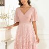 Sequin Mother of The Bride Dresses Chiffon V Neck Wedding Guest Dress with Short Sleeves