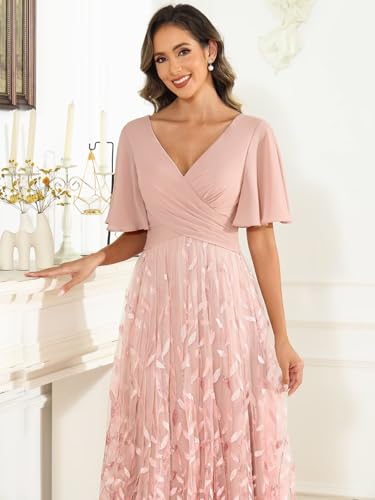 Sequin Mother of The Bride Dresses Chiffon V Neck Wedding Guest Dress with Short Sleeves