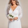 Women's V Neck Long Sleeve Lace Chiffon A Line Floor Length Plus Size Wedding Dress 01925-DA