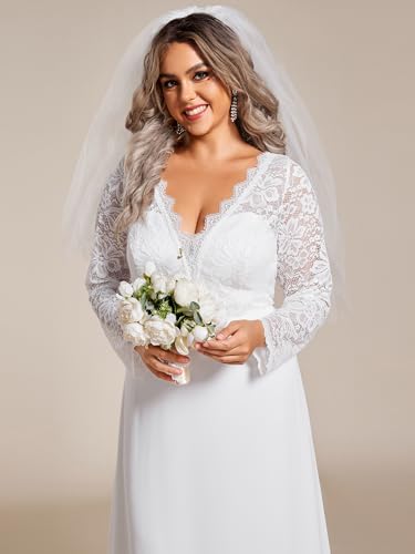 Women's V Neck Long Sleeve Lace Chiffon A Line Floor Length Plus Size Wedding Dress 01925-DA