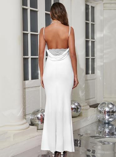 Women Spaghetti Straps Mermaid Evening Gown Wedding Guest Dress Drape Neck Lace Backless Formal Maxi Dress 21