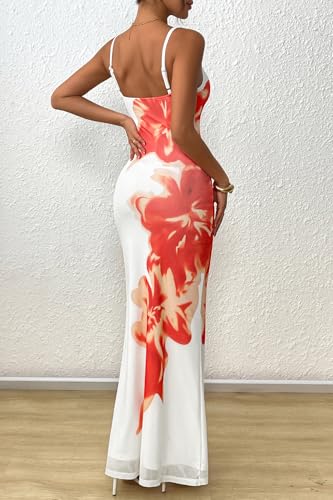 Womens Summer Dresses 2025 Elegant Spaghetti Straps Evening Gown Floral Print Bodycon Maxi Mesh Sundress