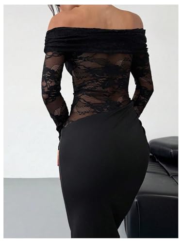 Women's Lace Off Shoulder Wedding Dresses Mesh Sheer Long Sleeve Bodycon Evening Gown