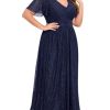 Plus Size Maxi Formal Dress Sparkly V-Neck A-line Ruffle Sleeves Evening Gown Cocktail Prom Lace