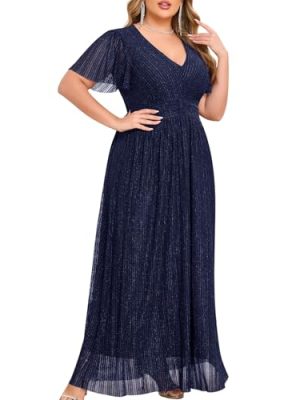 Plus Size Maxi Formal Dress Sparkly V-Neck A-line Ruffle Sleeves Evening Gown Cocktail Prom Lace