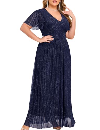 Plus Size Maxi Formal Dress Sparkly V-Neck A-line Ruffle Sleeves Evening Gown Cocktail Prom Lace