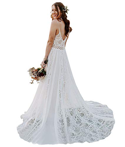 Boho Lace Wedding Dresses for Bride Spaghetti Strap Sweetheart A Line Sleeveless Courthouse Bridal Gowns