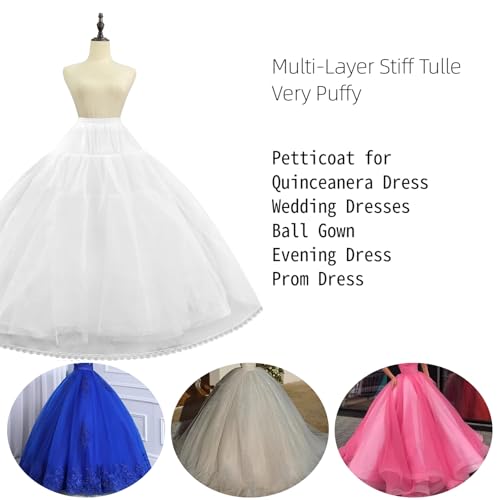 Women's 8 Layer Tulle Hoopless Petticoat Skirt with Lace Trim A-Line Long Crinoline Underskirt Slip for Bridal Ball Gown Wedding
